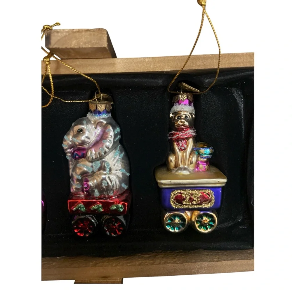 2004 Thomas Pacconi Circus Train Set of 6 Hand Blown Glass Ornaments Wood Crate
